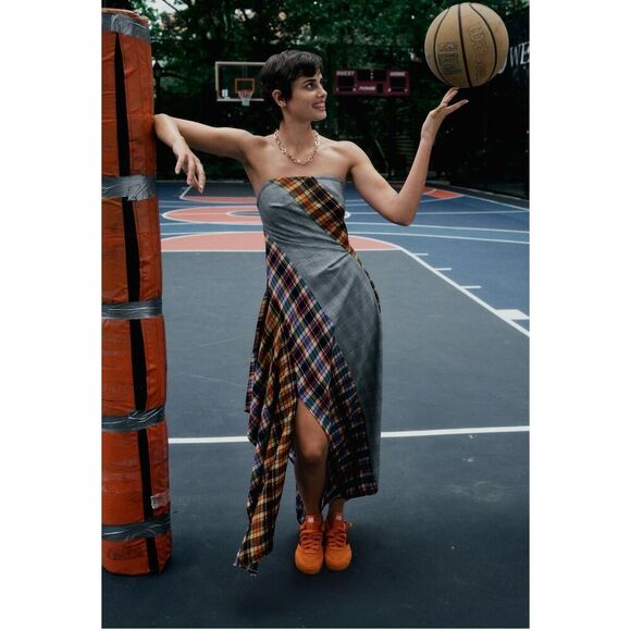 Anthropologie Maeve Plaid Patchwork Strapless Asymmetrical Midi Handkerchief Dre - Picture 4 of 11